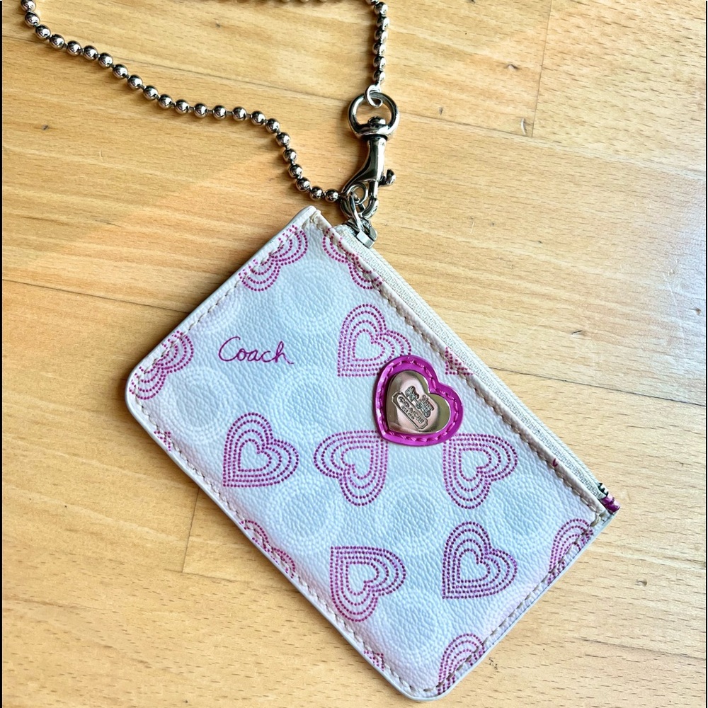 Coach Mini Wallet Card Holder, White Cream with Pink Hearts, Silver Chain